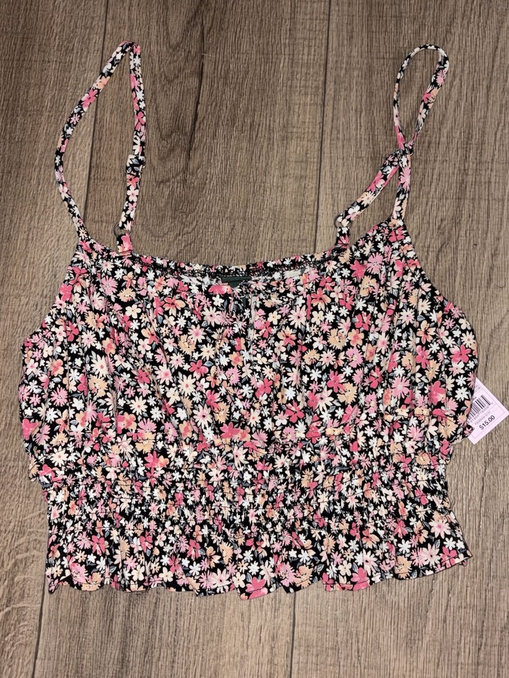 NWT: Wild Fable : Floral Smocked Crop Cami Top - Pink/Black: Size Large Woman’s